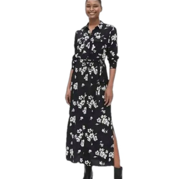 Gap Black|White Floral Perfect Maxi Shirtdress Size Small - Picture 1 of 5